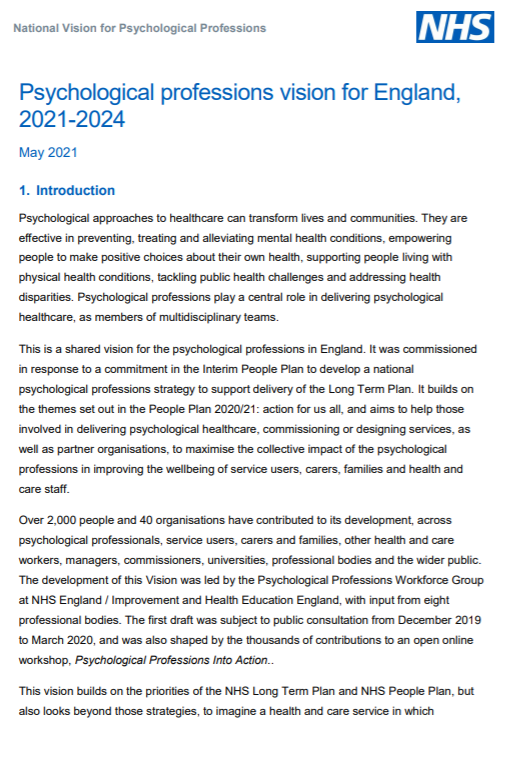 National Psychological Professions Vision for England, 2021-2024